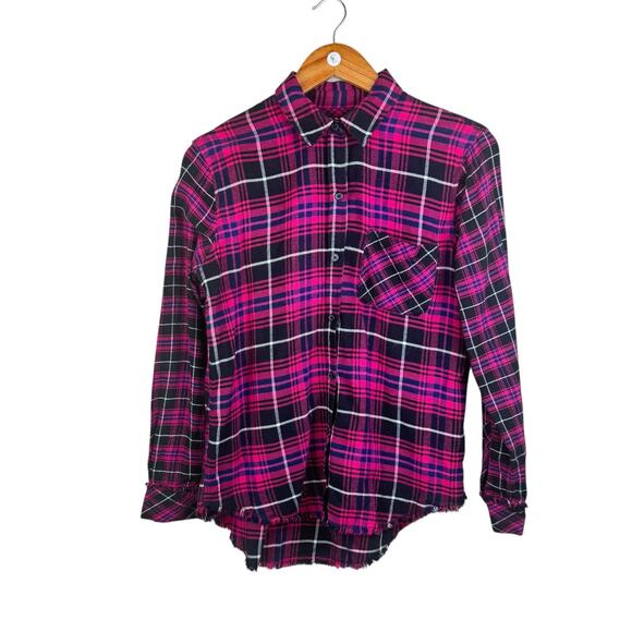 Rails Brock Fuschia Navy Black Plaid Flannel Frayed Long Sleeve Button Up Top - Picture 7 of 15